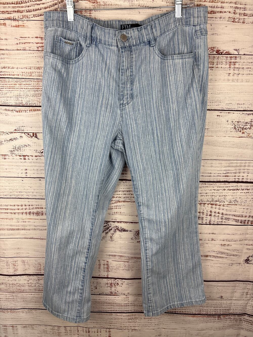 FDJ Blue White Stripe Suzanne Wide Leg Ankle Crop Denim Jeans Boho Womens Sz 12